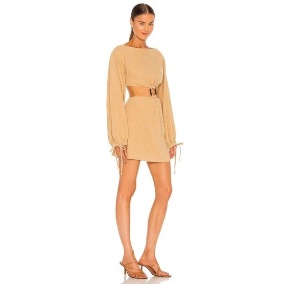 L'ACADEMIE Alora Tan Linen Blend Cut Out w/ Buckle Mini Dress, Size L - Picture 2 of 11